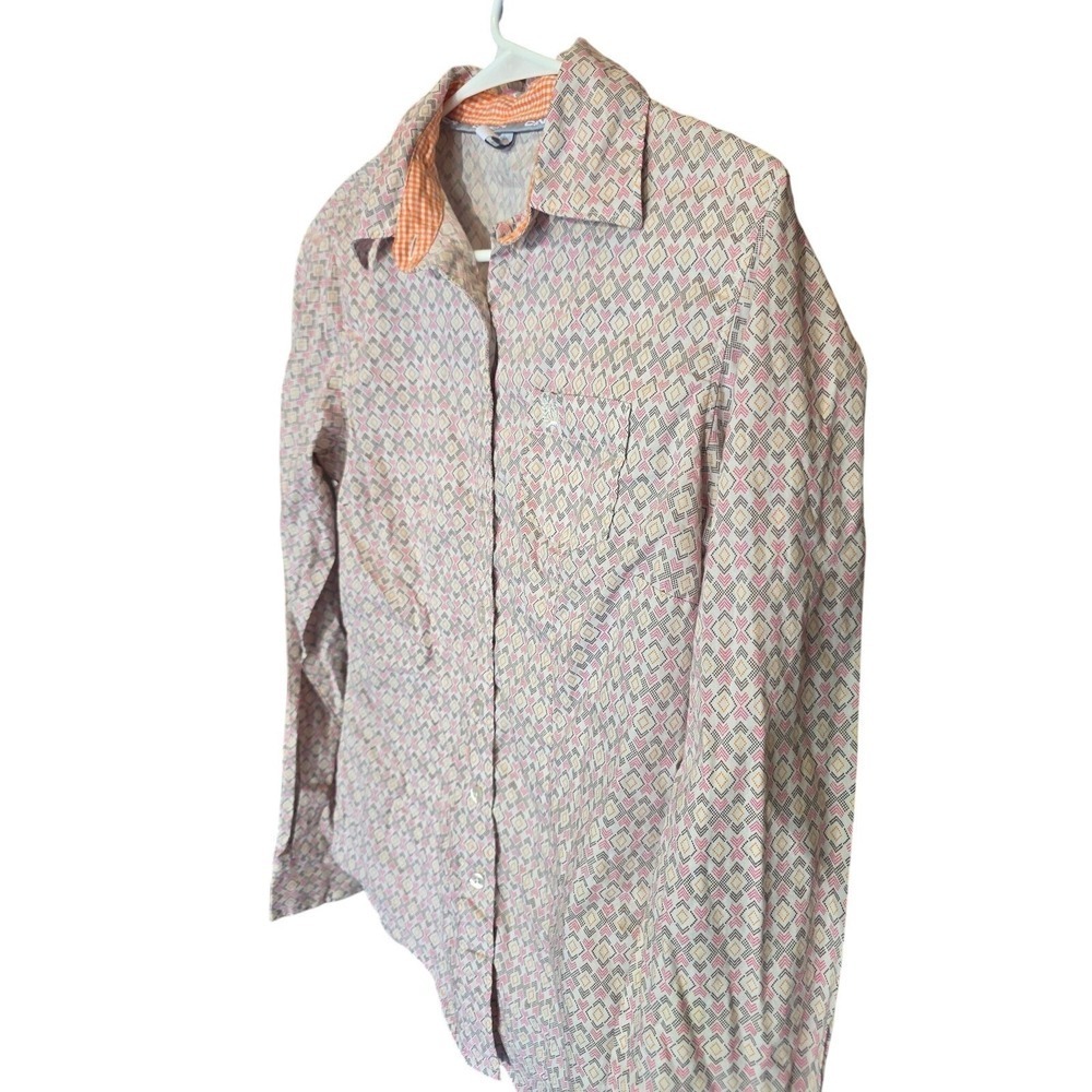 Cinch Button Front Top M Womens Geometric Print Cotton Long Sleeve Coquette